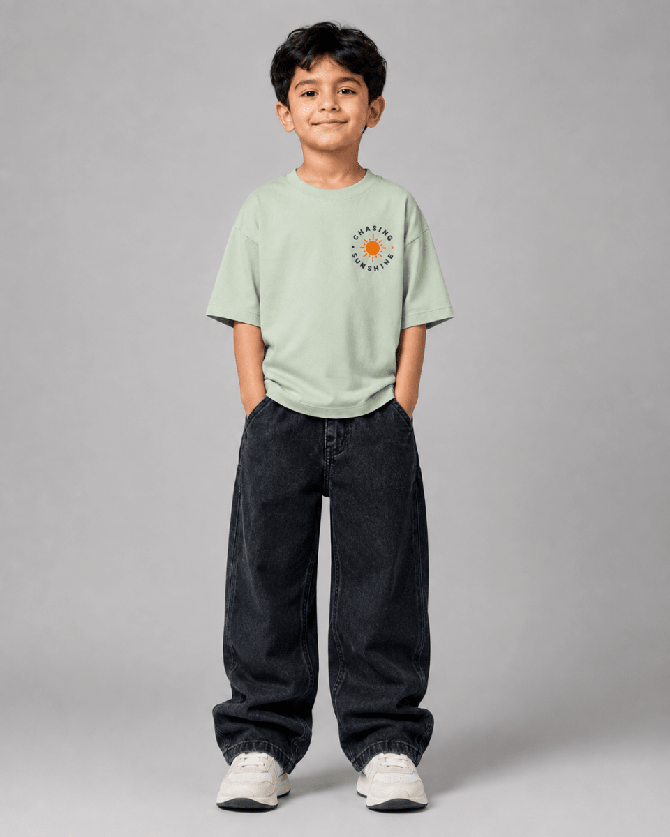 Boys oversized graphic t-shirt in sage green, Road Trip print, Bold Cub Korean streetwear - front