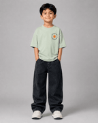 Boys oversized graphic t-shirt in sage green, Road Trip print, Bold Cub Korean streetwear - front