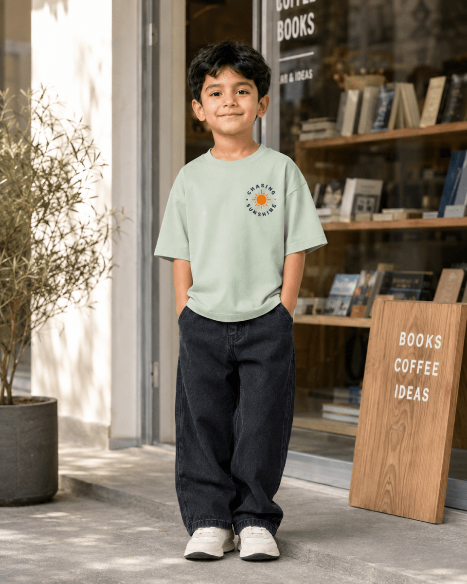 Boys oversized graphic t-shirt in sage green, Road Trip print, Bold Cub Korean streetwear - lifestyle shot