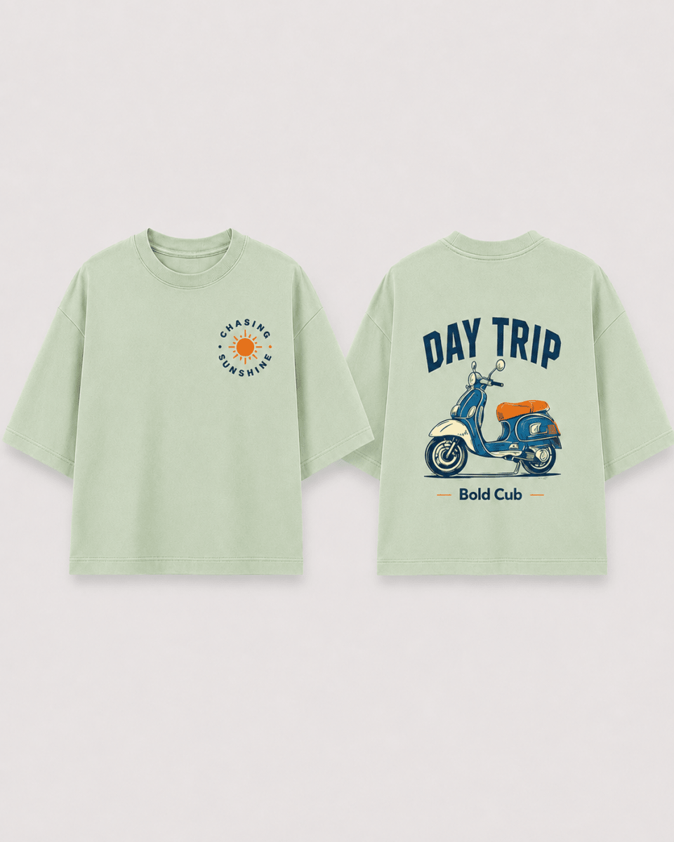 Boys oversized graphic t-shirt in sage green, Road Trip print, Bold Cub Korean streetwear - flat lay