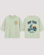 Boys oversized graphic t-shirt in sage green, Road Trip print, Bold Cub Korean streetwear - flat lay