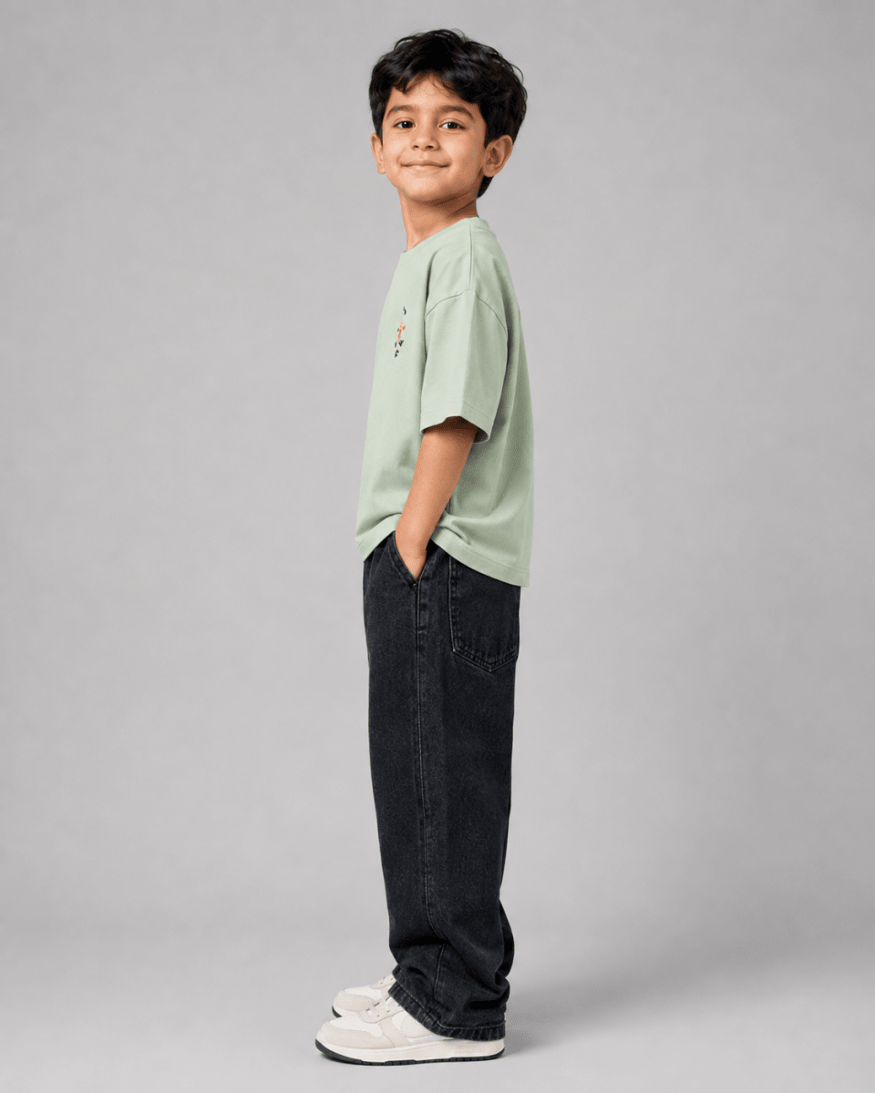 Boys oversized graphic t-shirt in sage green, Road Trip print, Bold Cub Korean streetwear - detail shot