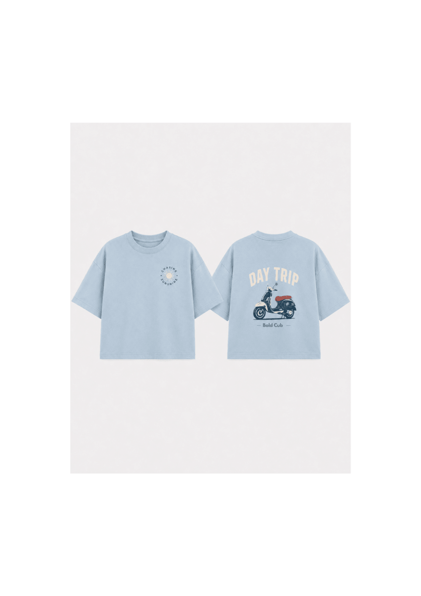 Boys oversized graphic t-shirt in sky blue, Road Trip print, Bold Cub Korean streetwear - flat lay