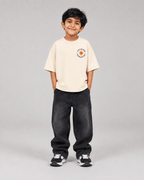 Boys oversized graphic t-shirt in off-white, Road Trip print, Bold Cub Korean streetwear - front