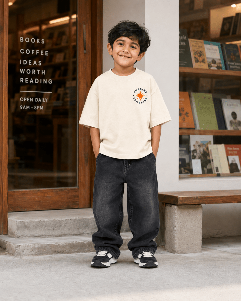Boys oversized graphic t-shirt in off-white, Road Trip print, Bold Cub Korean streetwear - lifestyle shot