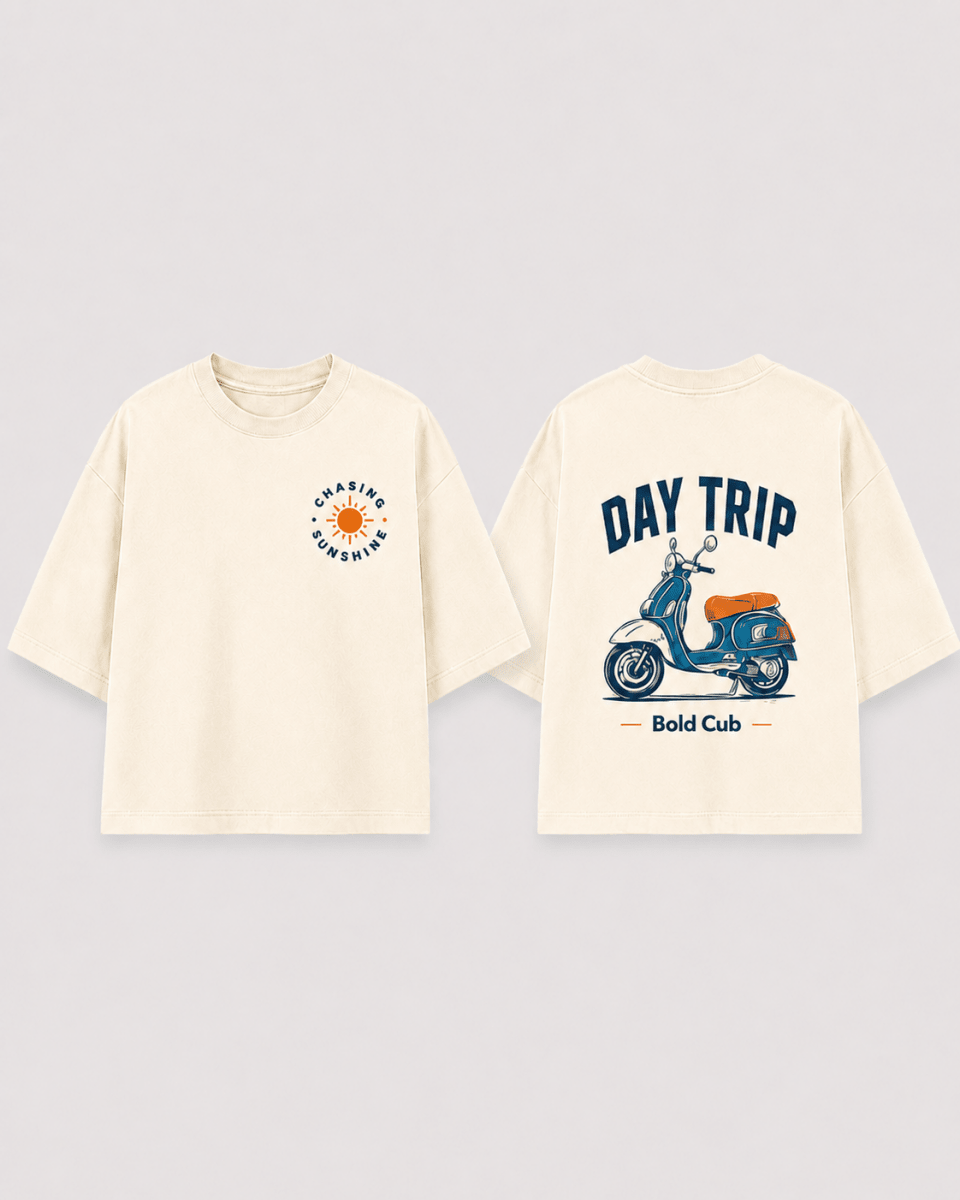 Boys oversized graphic t-shirt in off-white, Road Trip print, Bold Cub Korean streetwear - flat lay