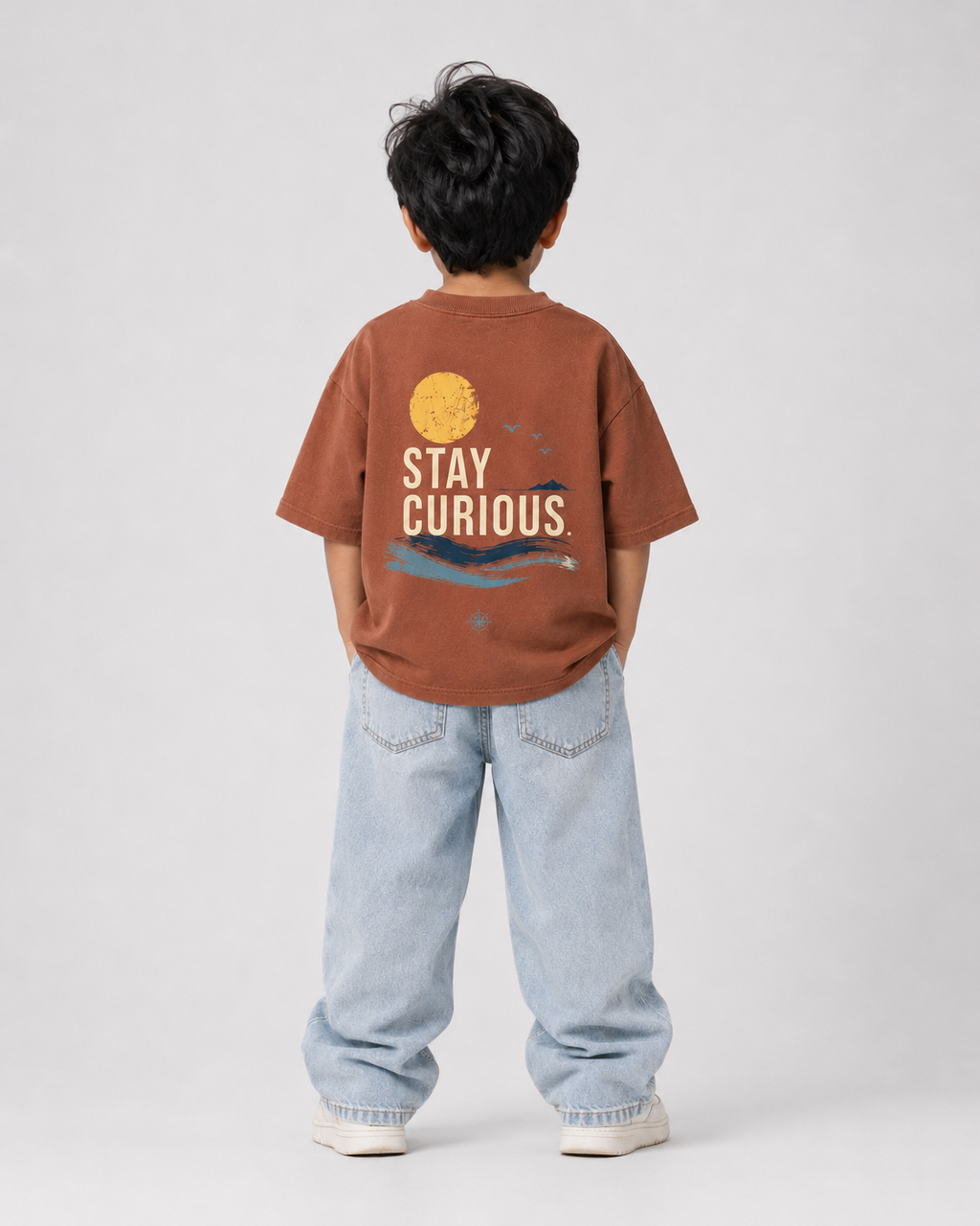 Boys oversized graphic t-shirt in Brown, Stay Curious print, Bold Cub Korean streetwear - back