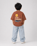 Boys oversized graphic t-shirt in Brown, Stay Curious print, Bold Cub Korean streetwear - back