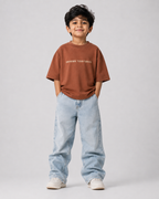Boys oversized graphic t-shirt in Brown, Stay Curious print, Bold Cub Korean streetwear - front