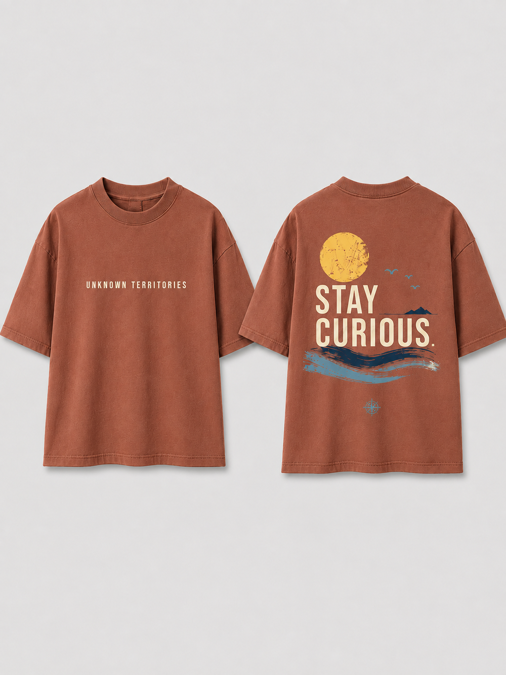 Boys oversized graphic t-shirt in Brown, Stay Curious print, Bold Cub Korean streetwear - flat lay
