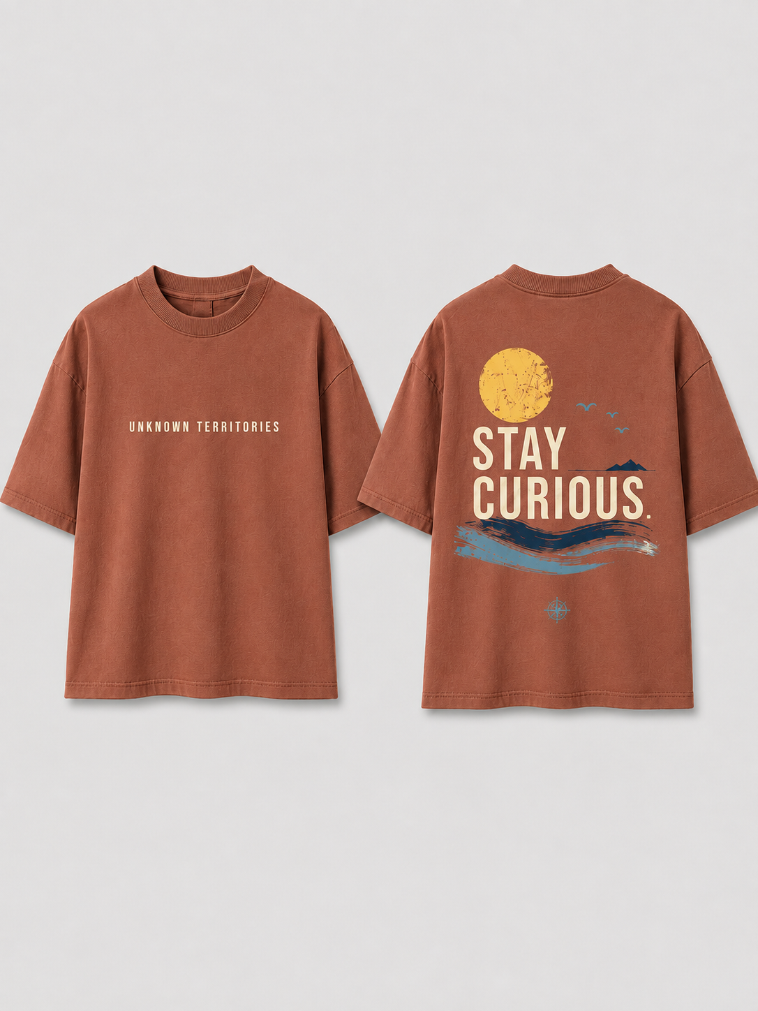 Boys oversized graphic t-shirt in Brown, Stay Curious print, Bold Cub Korean streetwear - flat lay
