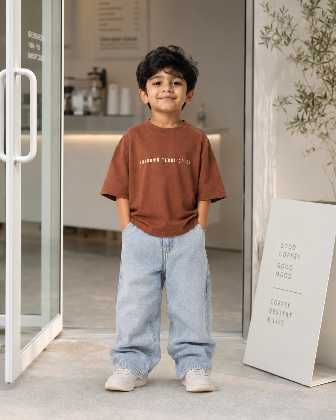 Boys oversized graphic t-shirt in Brown, Stay Curious print, Bold Cub Korean streetwear - lifestyle shot