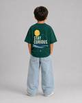 Boys oversized graphic t-shirt in emerald green, Stay Curious print, Bold Cub Korean streetwear - back