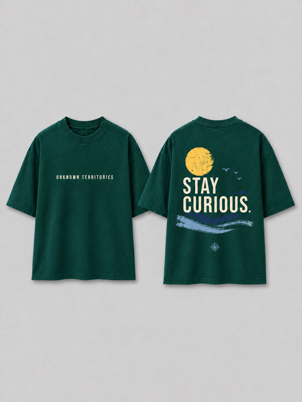 Boys oversized graphic t-shirt in emerald green, Stay Curious print, Bold Cub Korean streetwear - flat lay