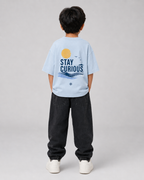 Boys oversized graphic t-shirt in sky blue, Stay Curious print, Bold Cub Korean streetwear - back