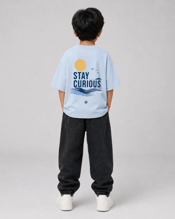Stay Curious – Boys Oversized Graphic T-Shirt – Sky Blue