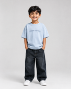 Boys oversized graphic t-shirt in sky blue, Stay Curious print, Bold Cub Korean streetwear - front