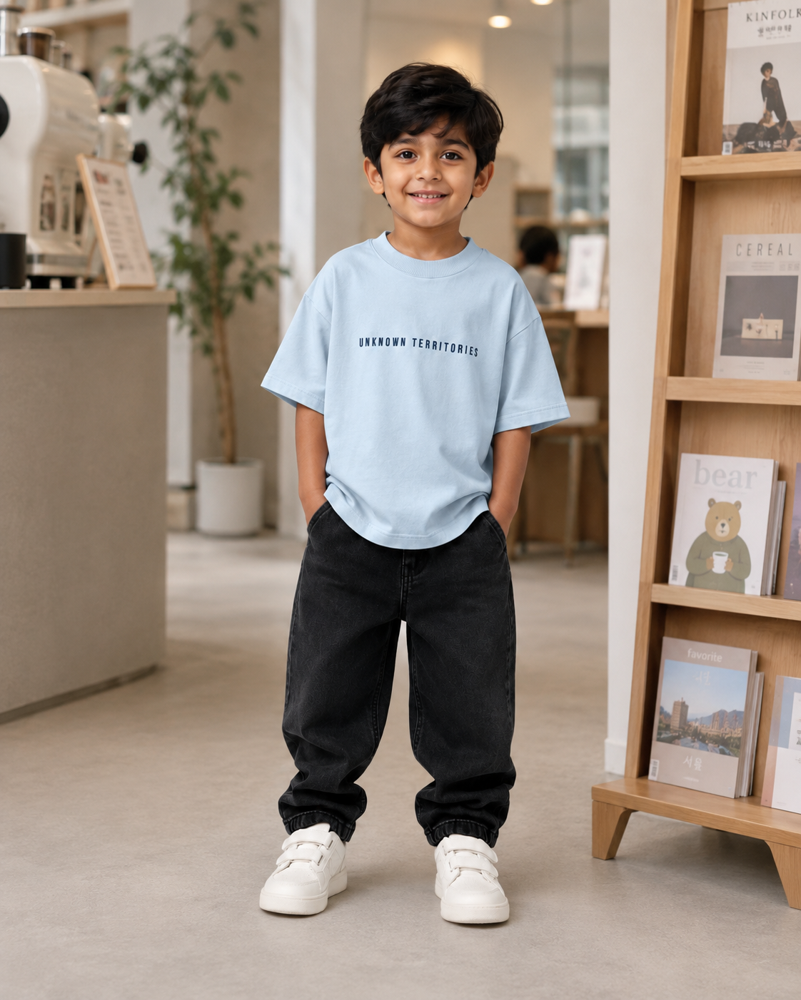 Boys oversized graphic t-shirt in sky blue, Stay Curious print, Bold Cub Korean streetwear - lifestyle shot