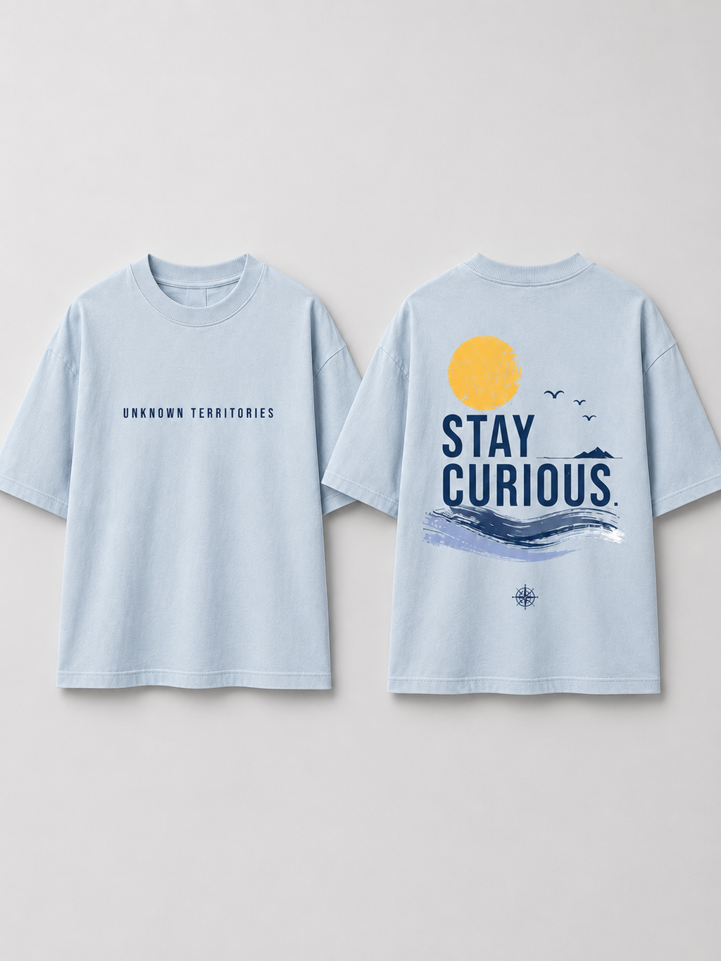 Boys oversized graphic t-shirt in sky blue, Stay Curious print, Bold Cub Korean streetwear - flat lay