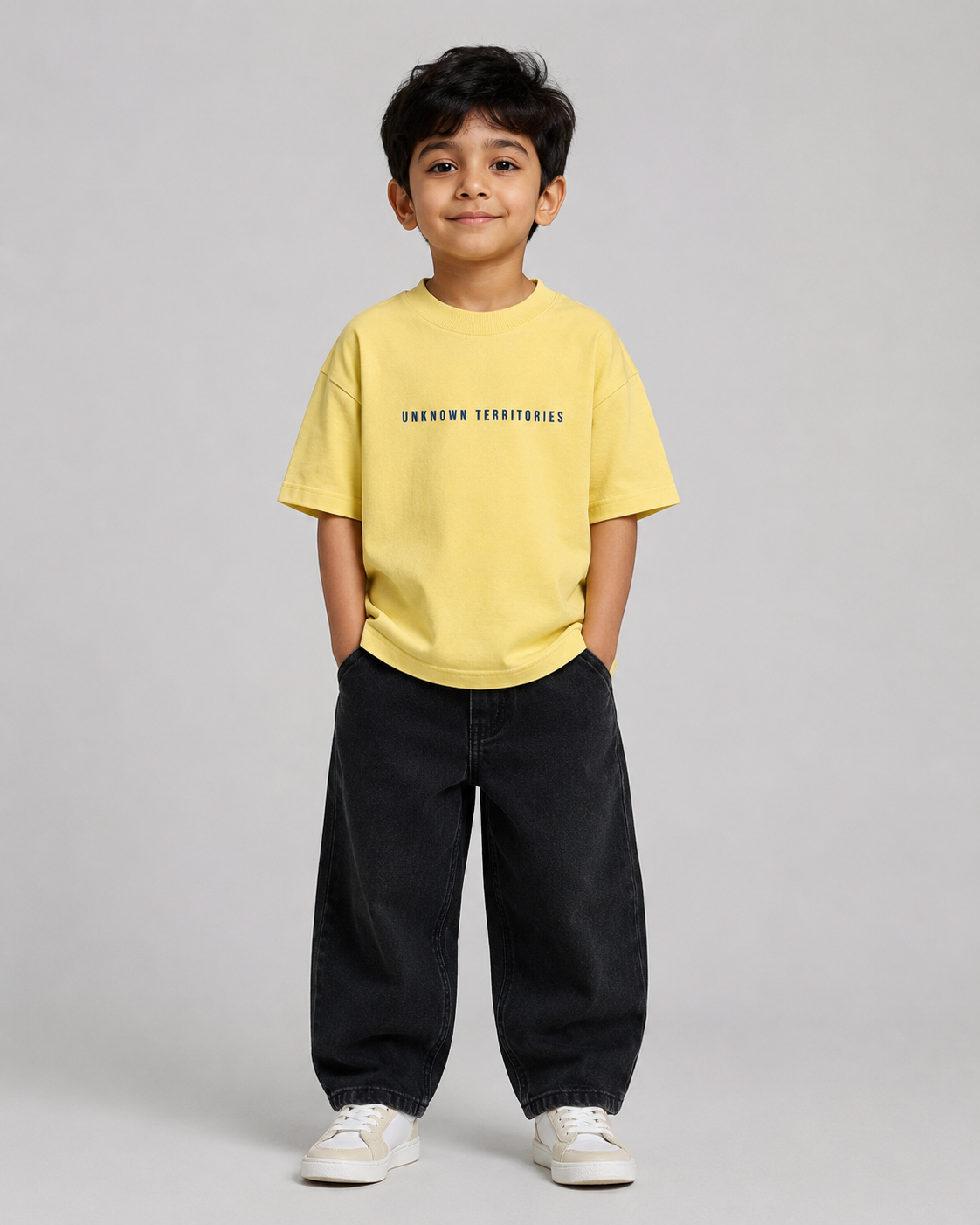Boys oversized graphic t-shirt in pastel yellow, Stay Curious print, Bold Cub Korean streetwear - front