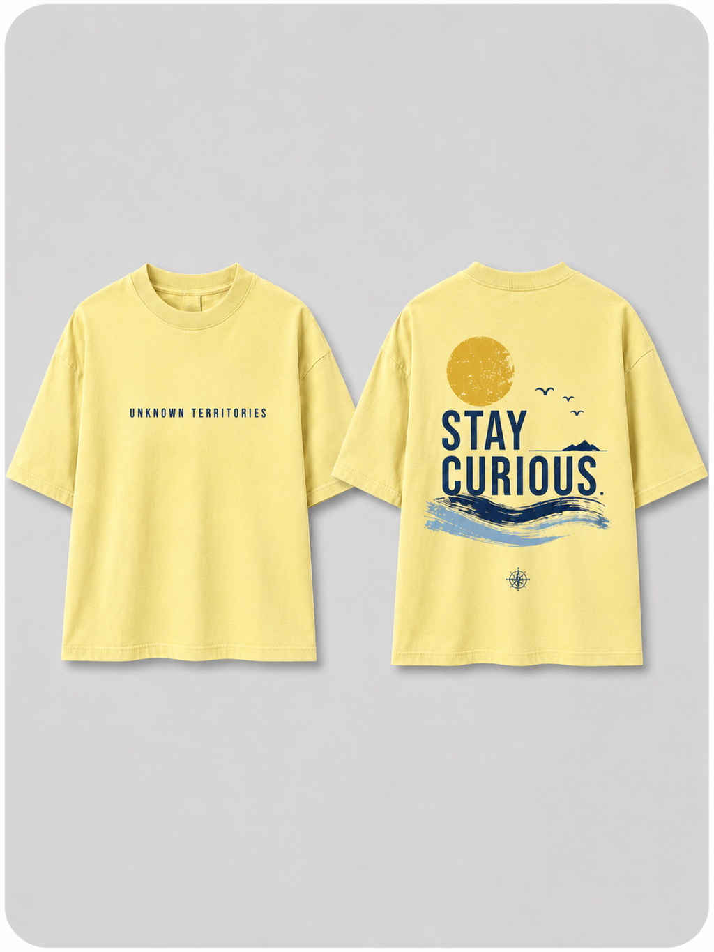 Boys oversized graphic t-shirt in pastel yellow, Stay Curious print, Bold Cub Korean streetwear - flat lay