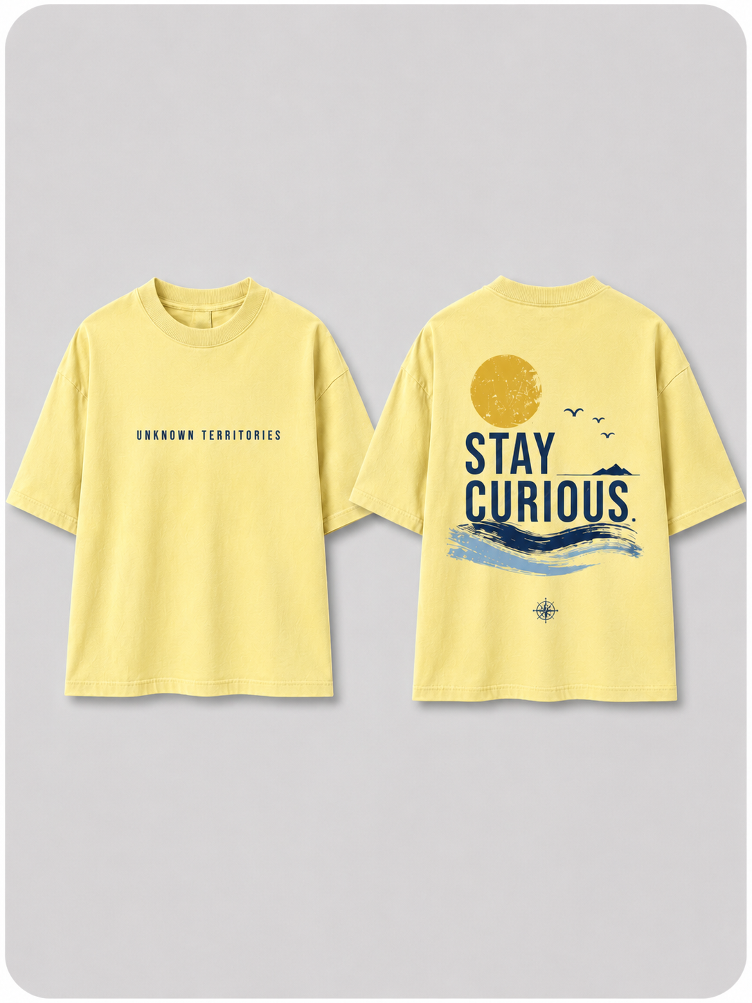 Boys oversized graphic t-shirt in pastel yellow, Stay Curious print, Bold Cub Korean streetwear - flat lay