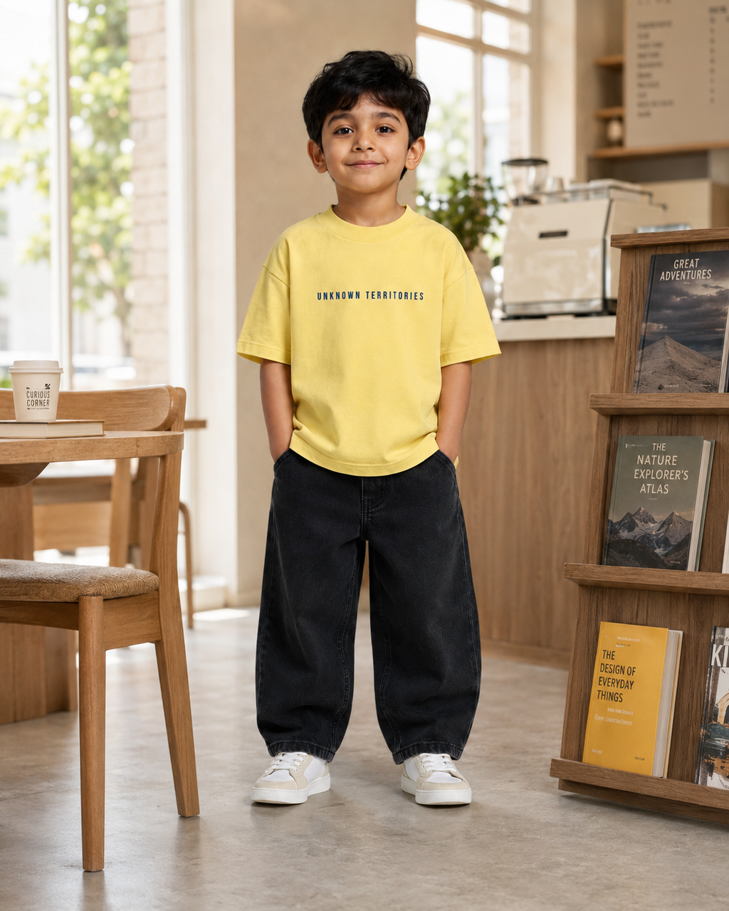 Boys oversized graphic t-shirt in pastel yellow, Stay Curious print, Bold Cub Korean streetwear - lifestyle shot