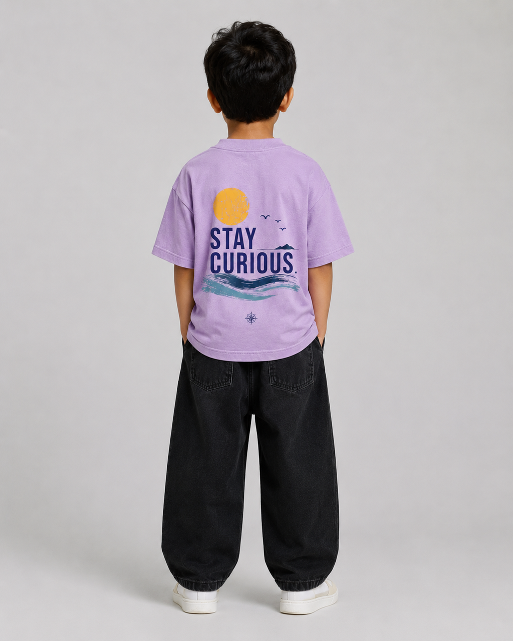 Boys oversized graphic t-shirt in lavender, Stay Curious print, Bold Cub Korean streetwear - back