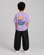 Boys oversized graphic t-shirt in lavender, Stay Curious print, Bold Cub Korean streetwear - back