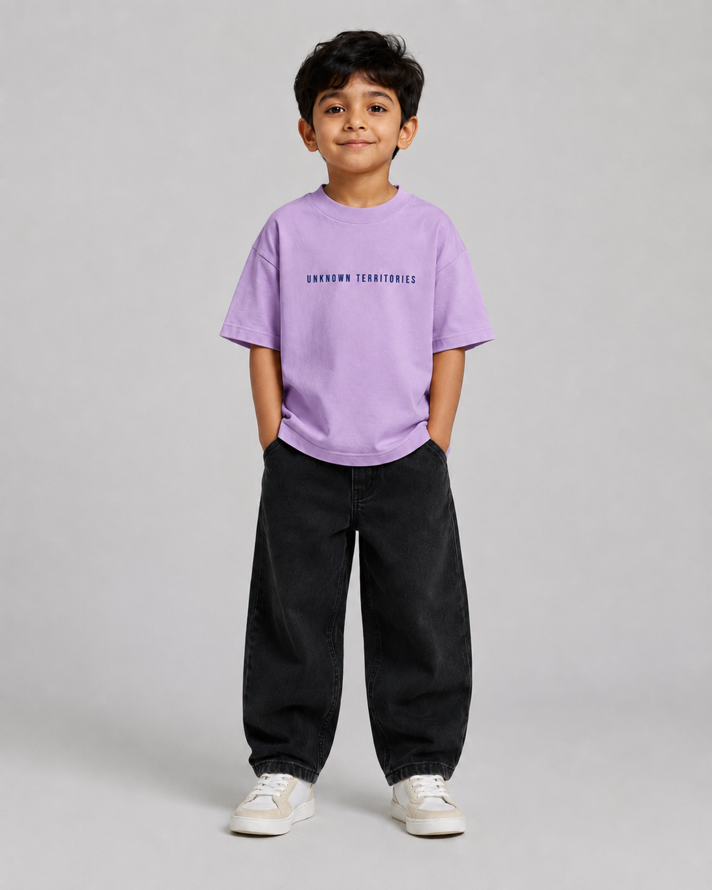 Boys oversized graphic t-shirt in lavender, Stay Curious print, Bold Cub Korean streetwear - front