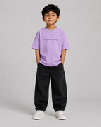 Boys oversized graphic t-shirt in lavender, Stay Curious print, Bold Cub Korean streetwear - front