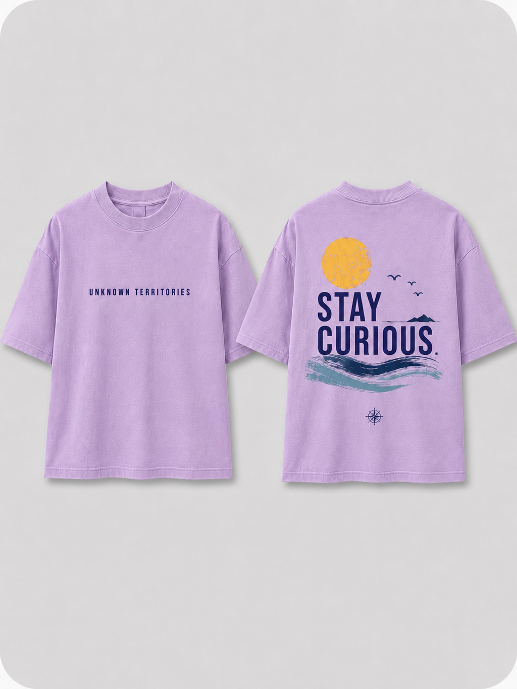 Boys oversized graphic t-shirt in lavender, Stay Curious print, Bold Cub Korean streetwear - flat lay