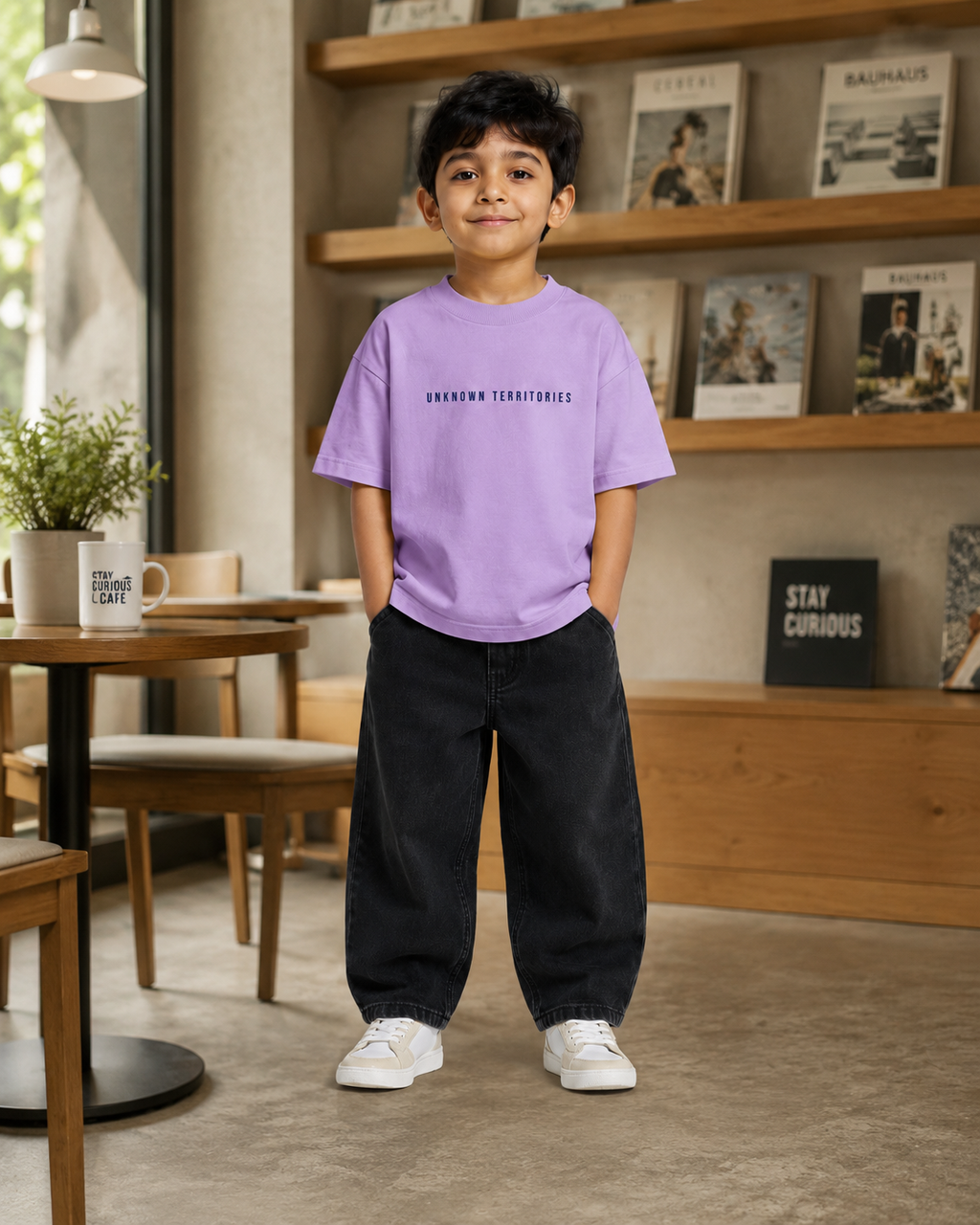 Boys oversized graphic t-shirt in lavender, Stay Curious print, Bold Cub Korean streetwear - lifestyle shot