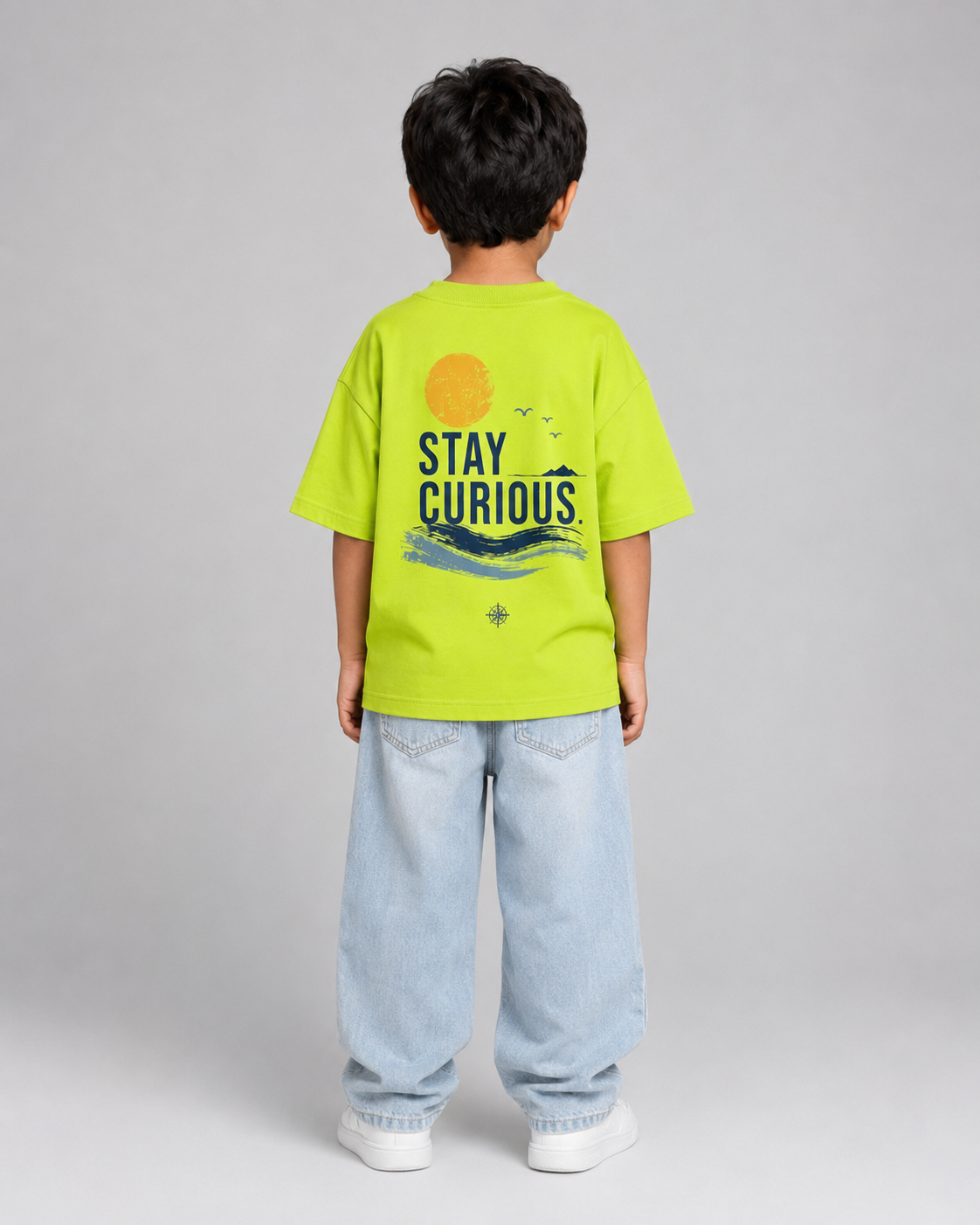 Boys oversized graphic t-shirt in neon lime, Stay Curious print, Bold Cub Korean streetwear - back
