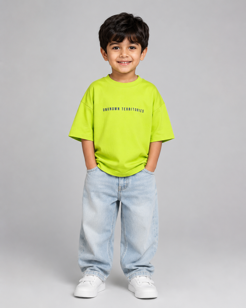 Boys oversized graphic t-shirt in neon lime, Stay Curious print, Bold Cub Korean streetwear - front