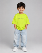 Boys oversized graphic t-shirt in neon lime, Stay Curious print, Bold Cub Korean streetwear - front