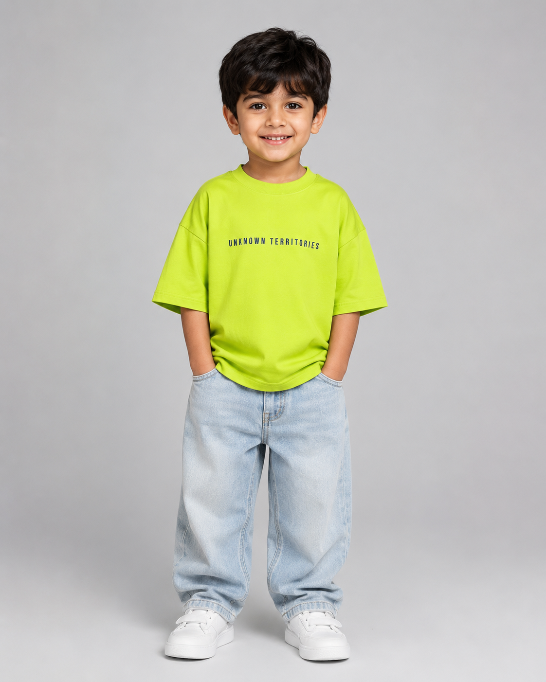 Boys oversized graphic t-shirt in neon lime, Stay Curious print, Bold Cub Korean streetwear - front