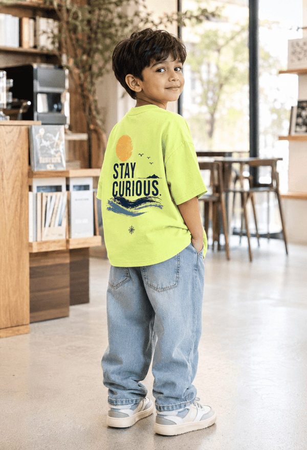 Stay Curious – Boys Oversized Graphic T-Shirt – Neon Lime