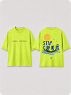 Boys oversized graphic t-shirt in neon lime, Stay Curious print, Bold Cub Korean streetwear - flat lay