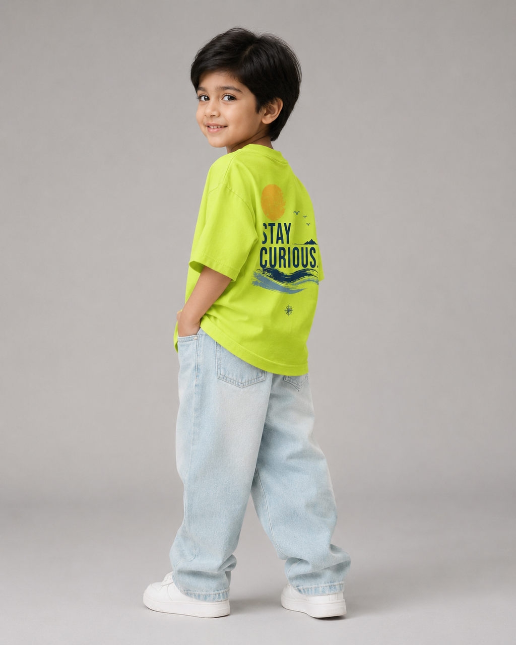 Boys oversized graphic t-shirt in neon lime, Stay Curious print, Bold Cub Korean streetwear - detail shot