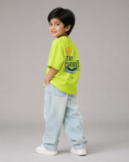 Boys oversized graphic t-shirt in neon lime, Stay Curious print, Bold Cub Korean streetwear - detail shot