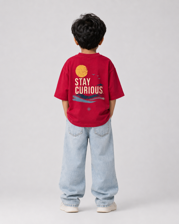 Stay Curious – Boys Oversized Graphic T-Shirt – Red
