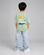 Boys oversized graphic t-shirt in sage green, Stay Curious print, Bold Cub Korean streetwear - back