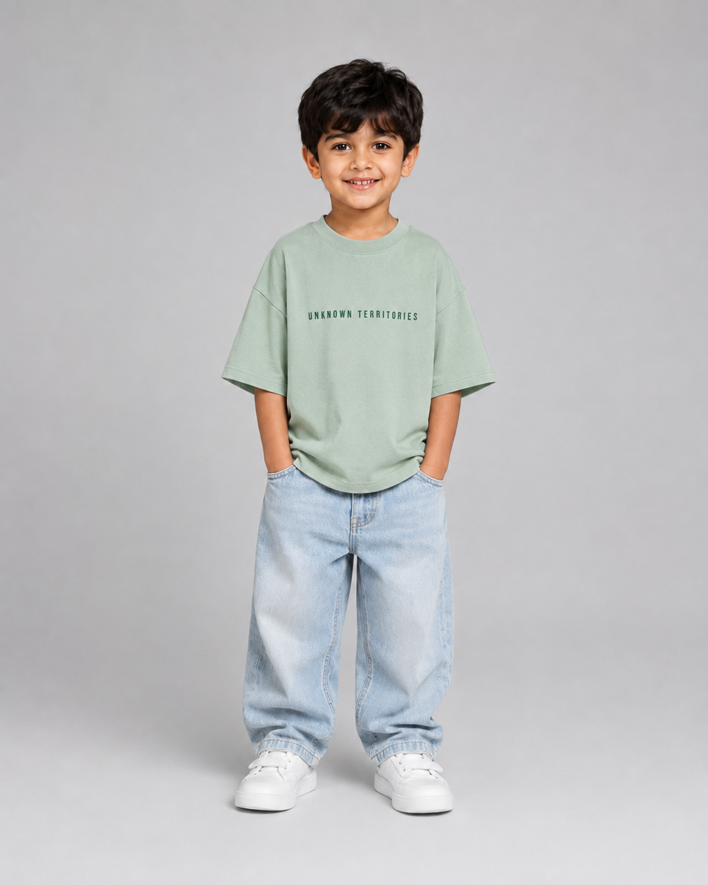 Boys oversized graphic t-shirt in sage green, Stay Curious print, Bold Cub Korean streetwear - front