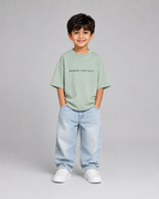 Boys oversized graphic t-shirt in sage green, Stay Curious print, Bold Cub Korean streetwear - front
