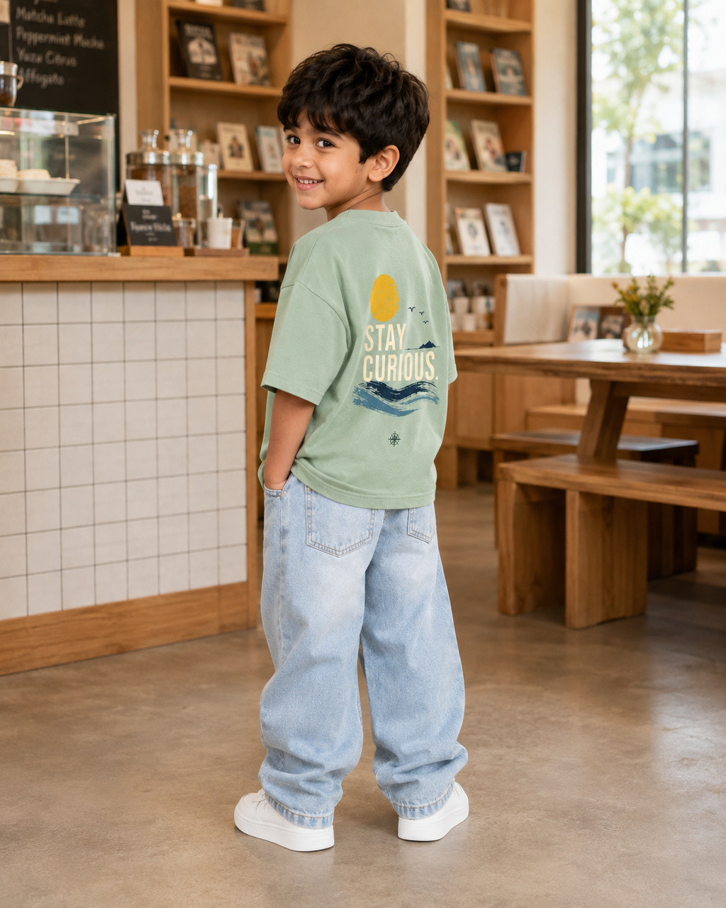 Boys oversized graphic t-shirt in sage green, Stay Curious print, Bold Cub Korean streetwear - lifestyle shot