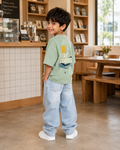 Boys oversized graphic t-shirt in sage green, Stay Curious print, Bold Cub Korean streetwear - lifestyle shot