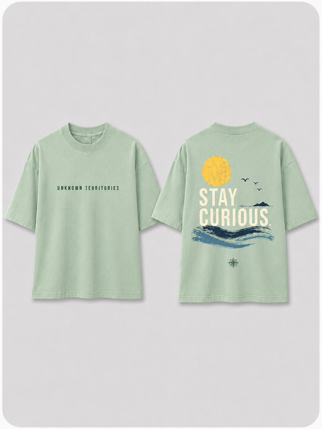 Boys oversized graphic t-shirt in sage green, Stay Curious print, Bold Cub Korean streetwear - flat lay