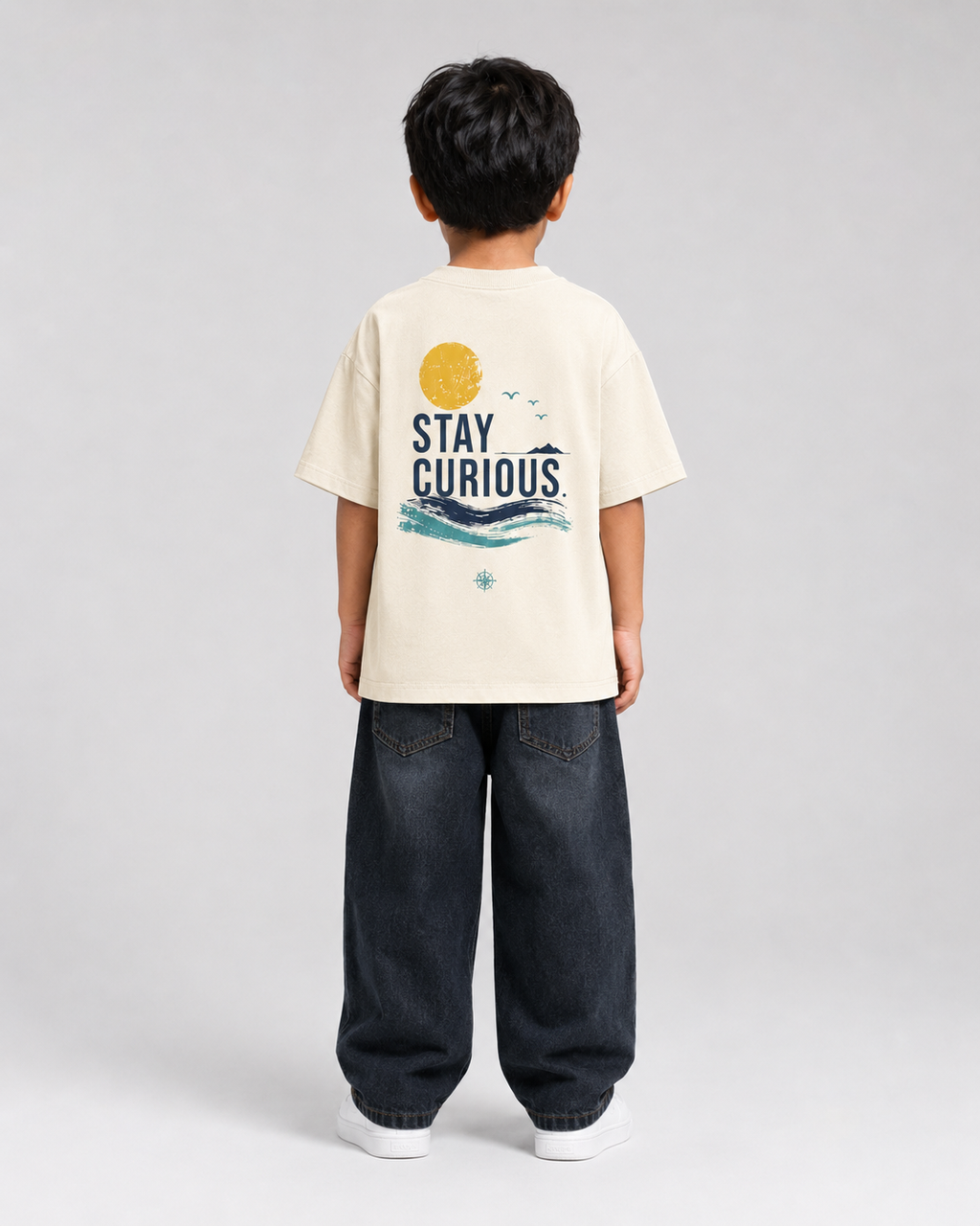 Boys oversized graphic t-shirt in off-white, Stay Curious print, Bold Cub Korean streetwear - back