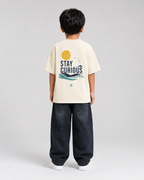 Boys oversized graphic t-shirt in off-white, Stay Curious print, Bold Cub Korean streetwear - back